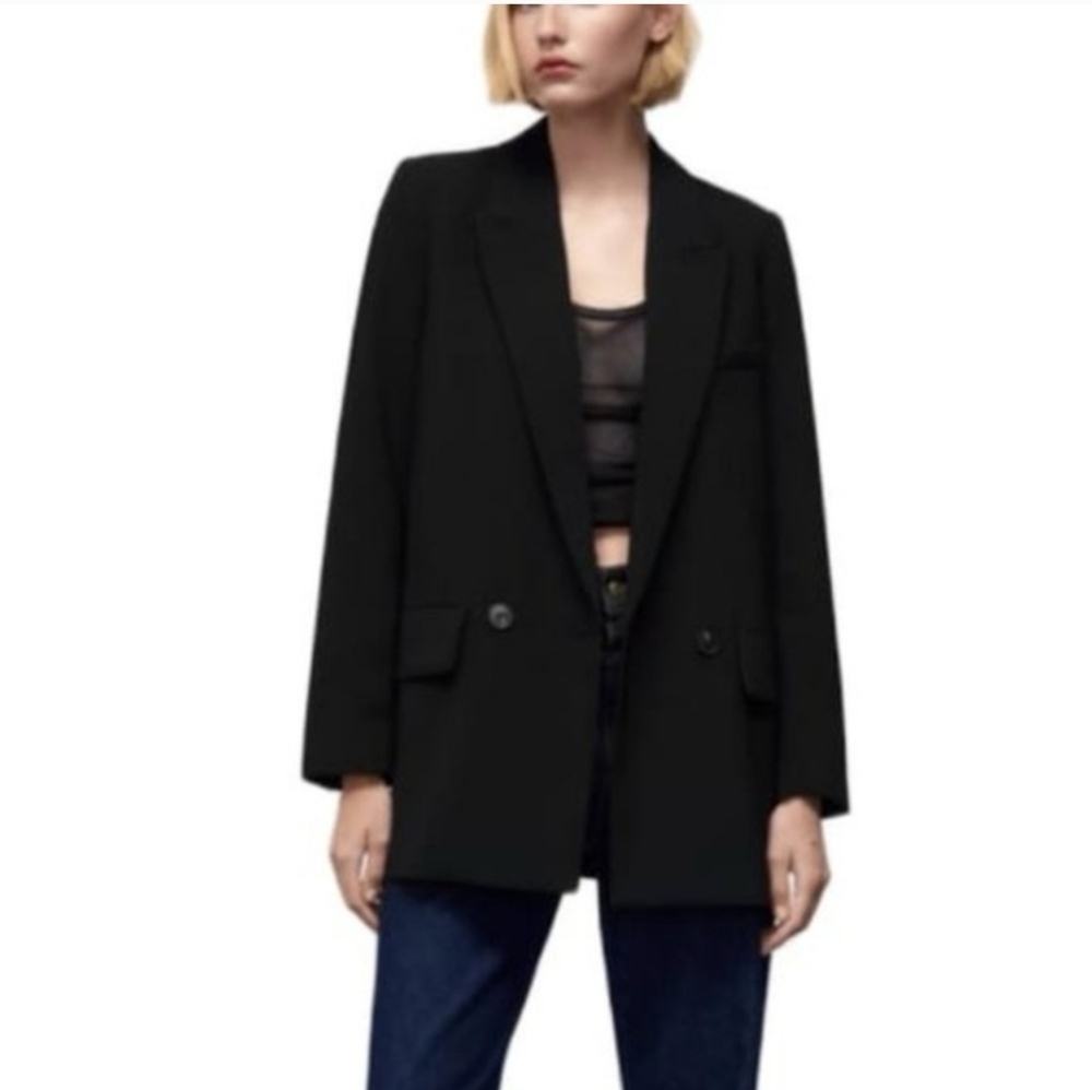 Zara Women's Elegant Black Oversized‎ Double Breasted Blazer